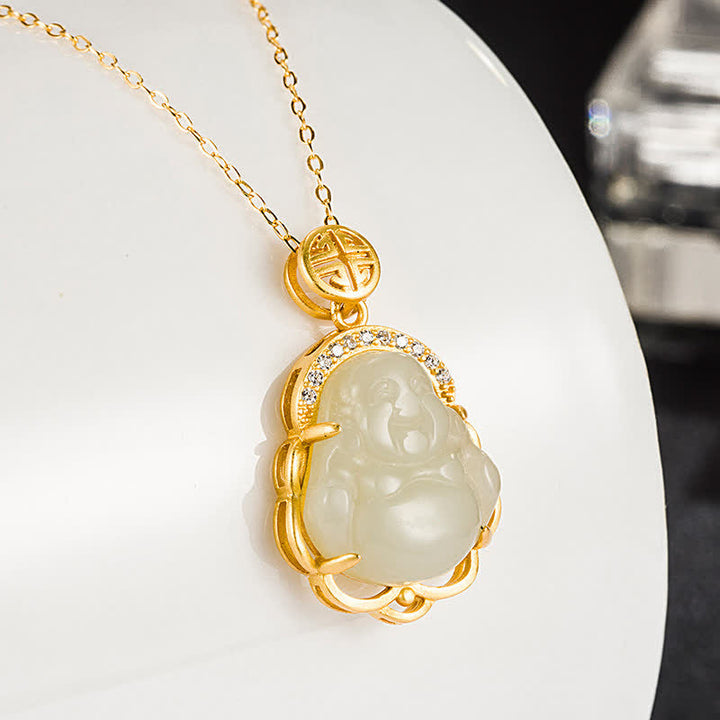 Collier pendentif de protection en jade blanc Hetian en argent sterling 925 avec Bouddha rieur - image 1