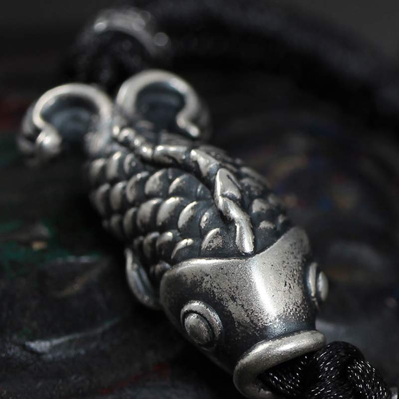 Bracelet tressé en argent avec motif poisson Koi et Buddha Stones