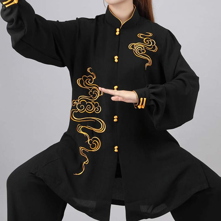 Ensemble de vêtements unisexe avec broderie de Buddha Stones et nuages ​​de bon augure, méditation, prière, spirituel, zen, tai-chi, qigong - Noir - US12，UK/AU16，EU44 (3XL) - image 17