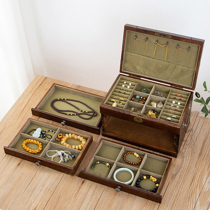 Coffret à bijoux rétro en bois massif Buddha Stones Coffret de rangement à bijoux en bois à quatre niveaux