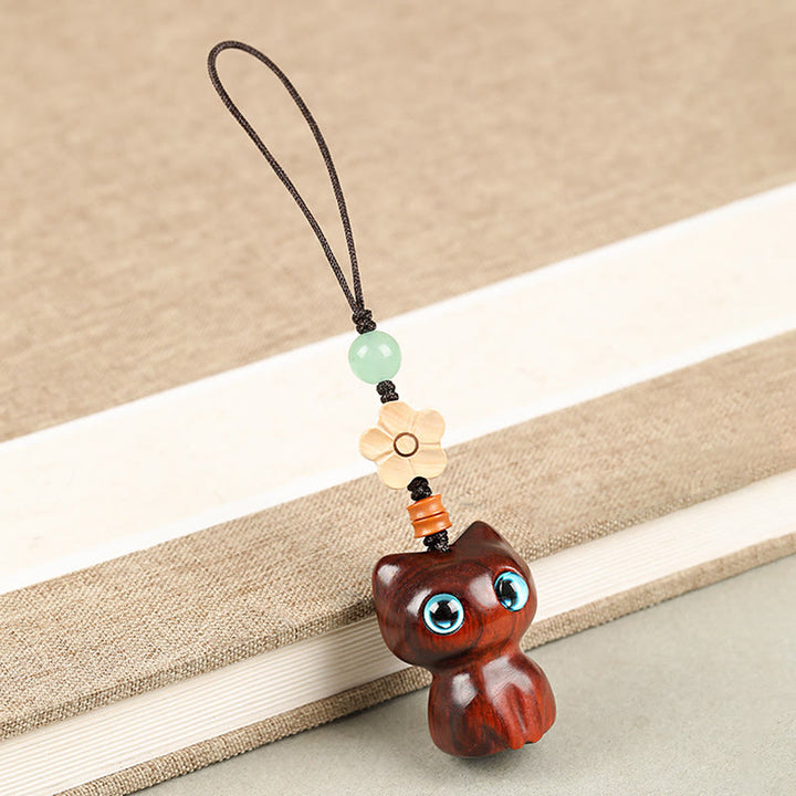Porte Buddha Stones, mini petite feuille de bois de santal rouge, bois d'ébène, chat porte-bonheur, joli chaton, paix, décoration à suspendre pour téléphone - Décoration suspendue pour téléphone - Chat en bois de santal rouge à petites feuilles - image 17