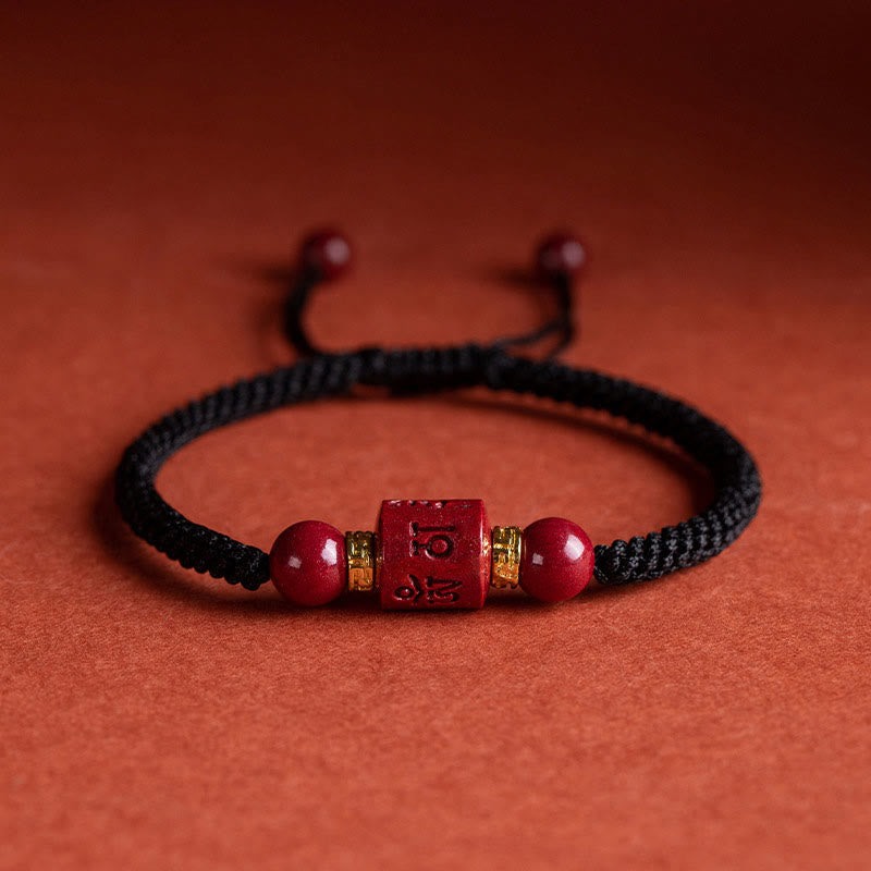 Bracelet tressé avec Buddha Stones tibétaines en cinabre Om Mani Padme Hum gravé et bénédiction