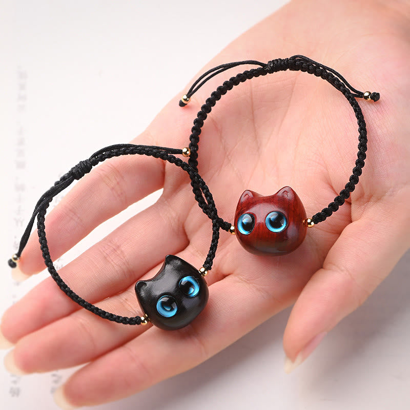 Bracelet tressé en bois de santal rouge et ébène avec petites feuilles et Buddha Stones, tête de chat mignonne, protection calme - image 2