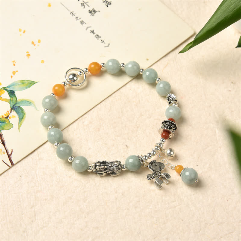 Bracelet de réussite en argent sterling 925 avec Buddha Stones et jade naturel et ambre PiXiu Pony