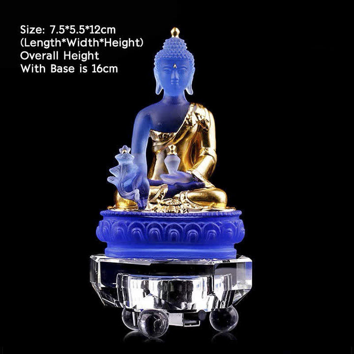Buddha Stones Bouddha de médecine Pièce d'art en cristal Liuli faite à la main Statue de compassion Décoration d'offrande de bureau à domicile - 7,5 x 5,5 x 12 cm - Bouddha de la médecine en or et socle lumineux - image 10