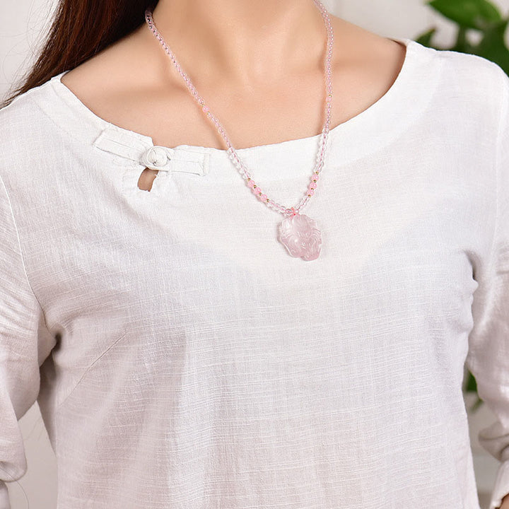 Collier pendentif renard à neuf queues en cristal rose naturel Buddha Stones