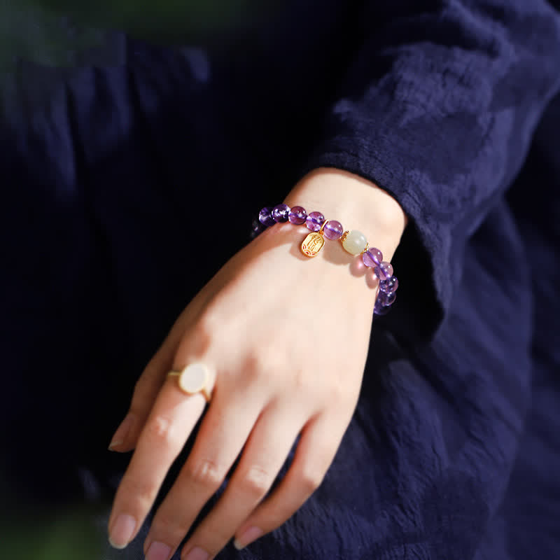 Bracelet de guérison en jade Hetian Buddha Stones et cristal d'améthyste naturel