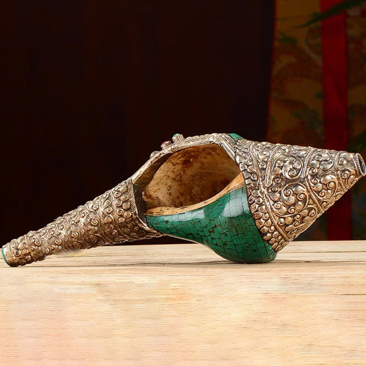 Coquille de Bouddha tibétain à double Dorje gravée à la main Shankha Décoration positive de richesse - image 5