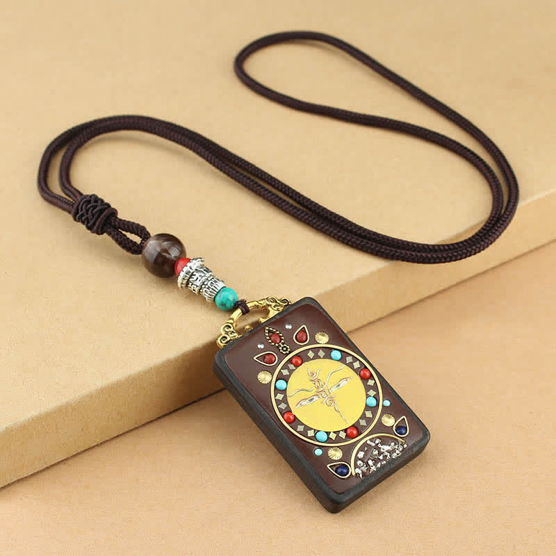 Collier pendentif en ébène Thangka Buddha Stones Tibet Dieu de la richesse