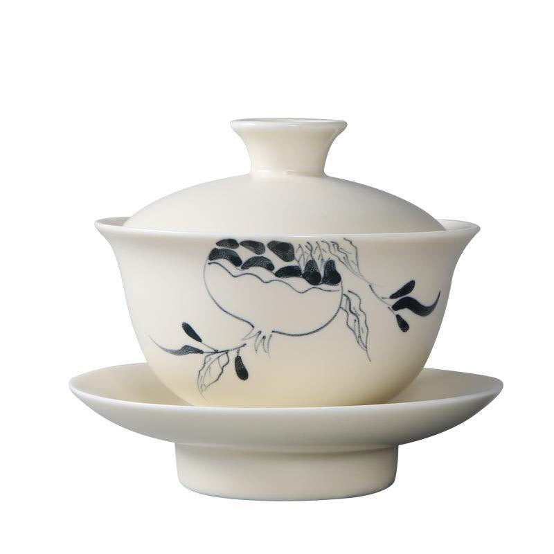 Buddha Stones peintes à la main Grenade Hibiscus Pin Lotus Céramique Gaiwan Sancai Tasse à thé Kung Fu Tasse à thé et soucoupe avec couvercle