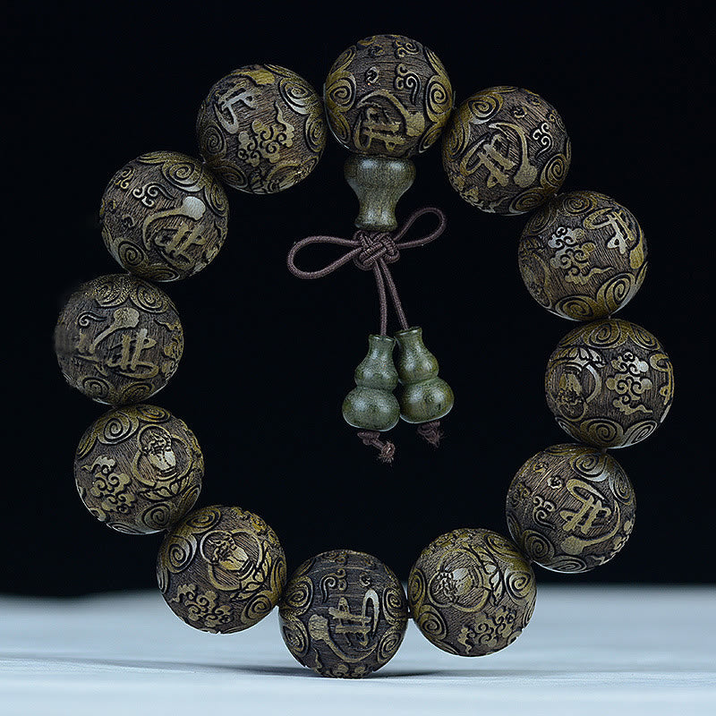 Bracelet de chaleur sculpté PiXiu en bois de rose, ébène, pièce de cuivre et Buddha Stones, signe du zodiaque chinois
