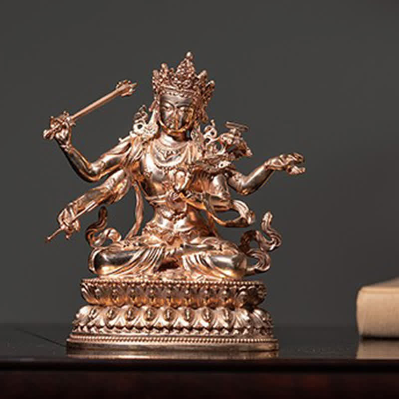 Figurine de Bodhisattva Manjusri à quatre bras Sérénité Statue en cuivre Décoration