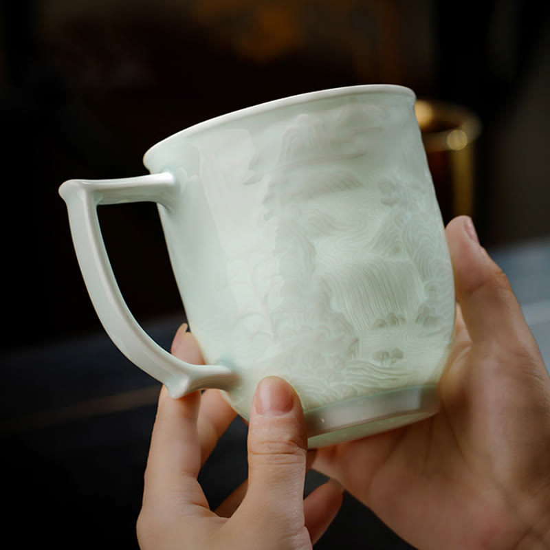Tasse à thé en céramique gravée à la main en porcelaine blanche de Jingdezhen Buddha Stones et paysage de la Grande Muraille
