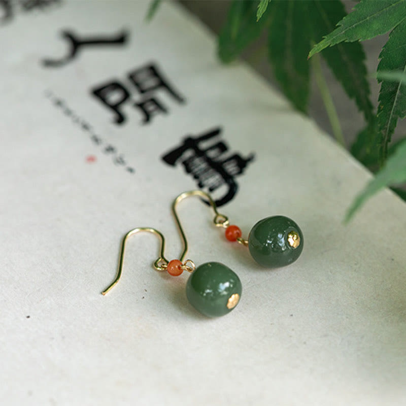 Boucles d'oreilles pendantes porte-bonheur en jade rouge Hetian plaqué or 14 carats et argent sterling 925 avec Buddha Stones - Plaqué or 14 carats - Jade vert - image 14
