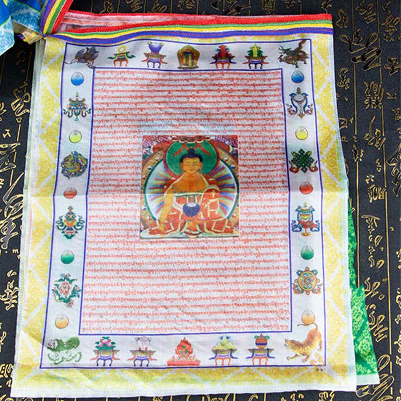 Buddha Stones Drapeau de prière extérieur tibétain à cinq couleurs représentant le Bouddha du Cheval de Vent et Tara, symbole de guérison et de bon augure - image 14