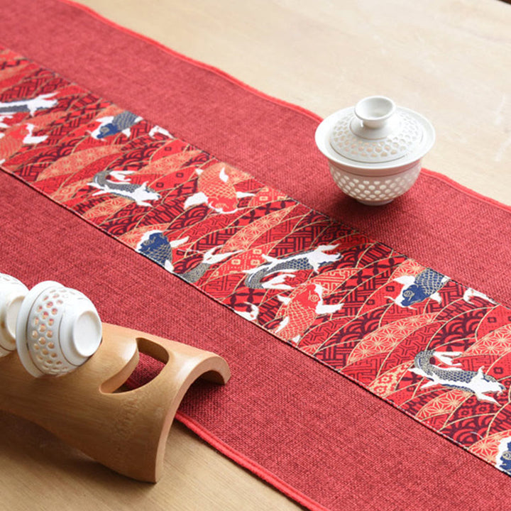 Chemin de table en coton et lin avec pompons, Buddha Stones, style chinois classique, lotus, poisson koï, fleur, grue, calligraphie, illumination