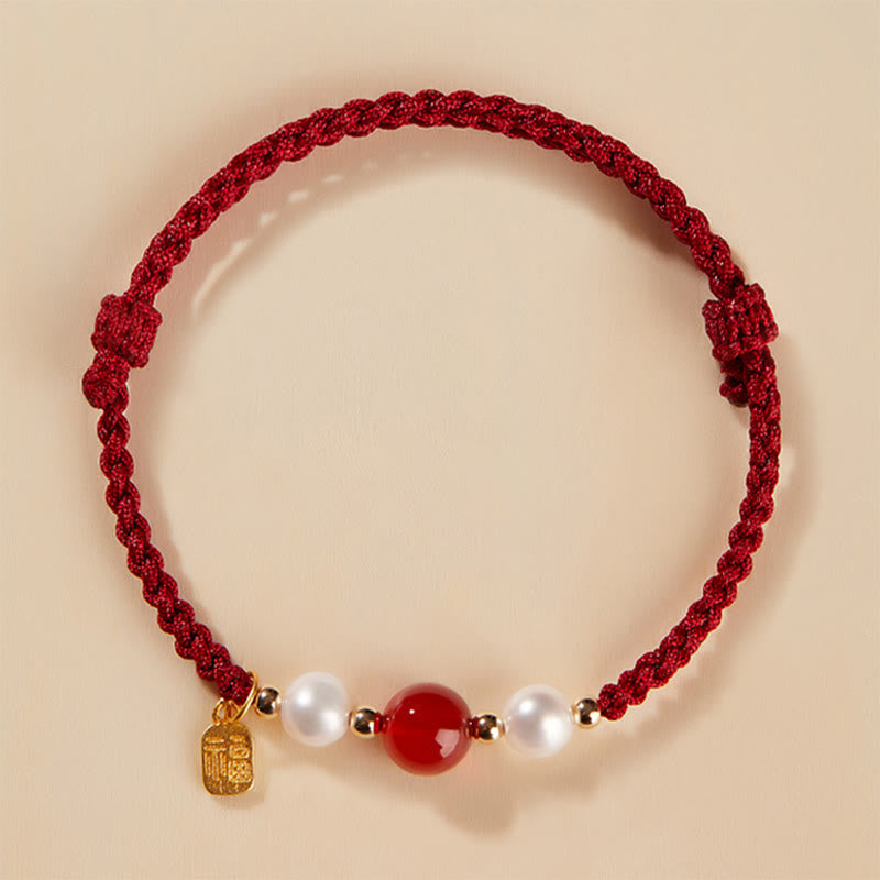 Bracelet tressé en fil rouge avec perles d'agate et personnage Fu en argent sterling 925 et Buddha Stones