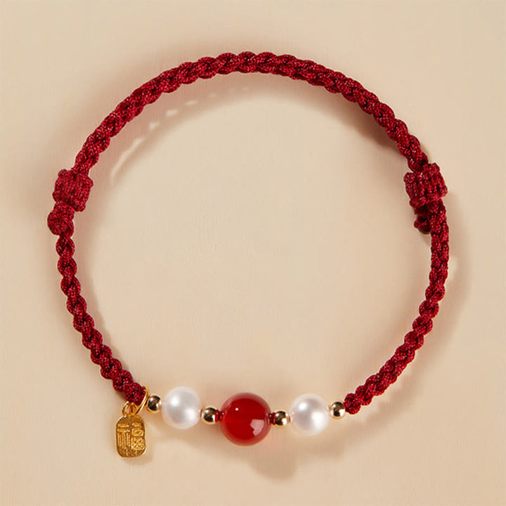Bracelet tressé en fil rouge avec perles d'agate et personnage Fu en argent sterling 925 et Buddha Stones
