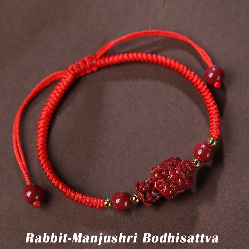 Bracelet en cordon avec amulette de bénédiction en cinabre et Buddha Stones du zodiaque chinois