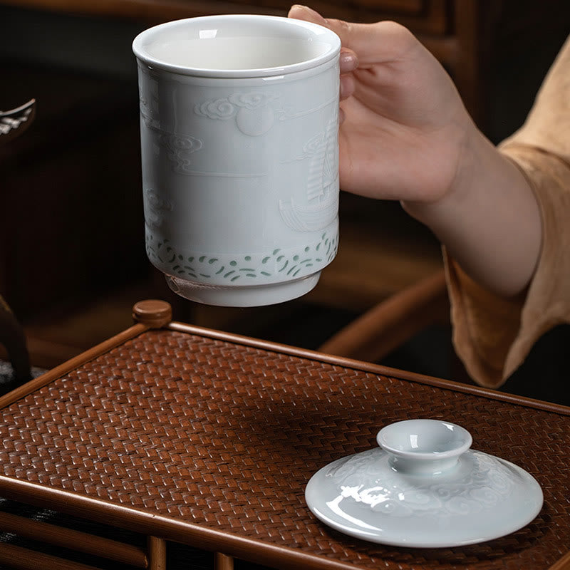 Buddha Stones Jingdezhen Linglong Porcelaine Auspicieux Dragon Phoenix Bateau Voile Douce Tasse à Thé en Céramique Tasses à Thé de Bureau 420 ml