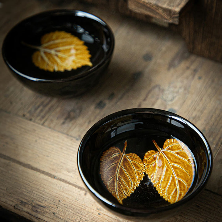 Tasse à thé en céramique chinoise Jianzhan avec feuilles d'érable dorées et Buddha Stones