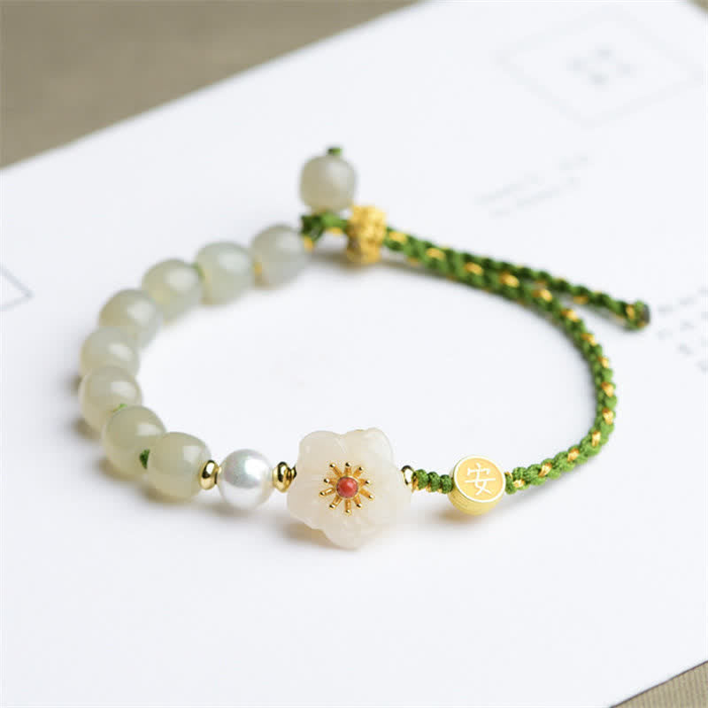 Bracelet porte-bonheur en argent sterling 925 avec jade naturel Hetian et fleur de pêcher