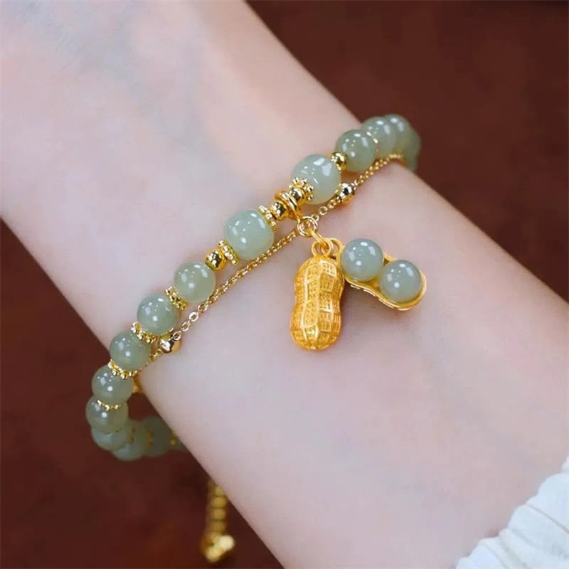 Bracelet de perles porte-bonheur en Buddha Stones, feuille de jade, ginkgo, tulipe, arachide, personnage Fu