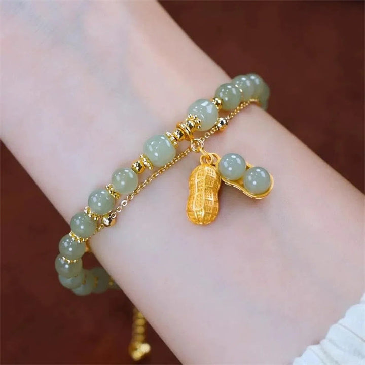 Bracelet de perles porte-bonheur en Buddha Stones, feuille de jade, ginkgo, tulipe, arachide, personnage Fu