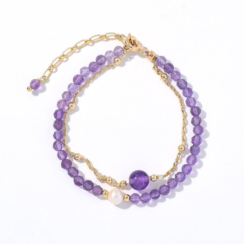 Bracelet double chaîne de guérison en cristal d'améthyste plaqué or 14 carats de Buddha Stones