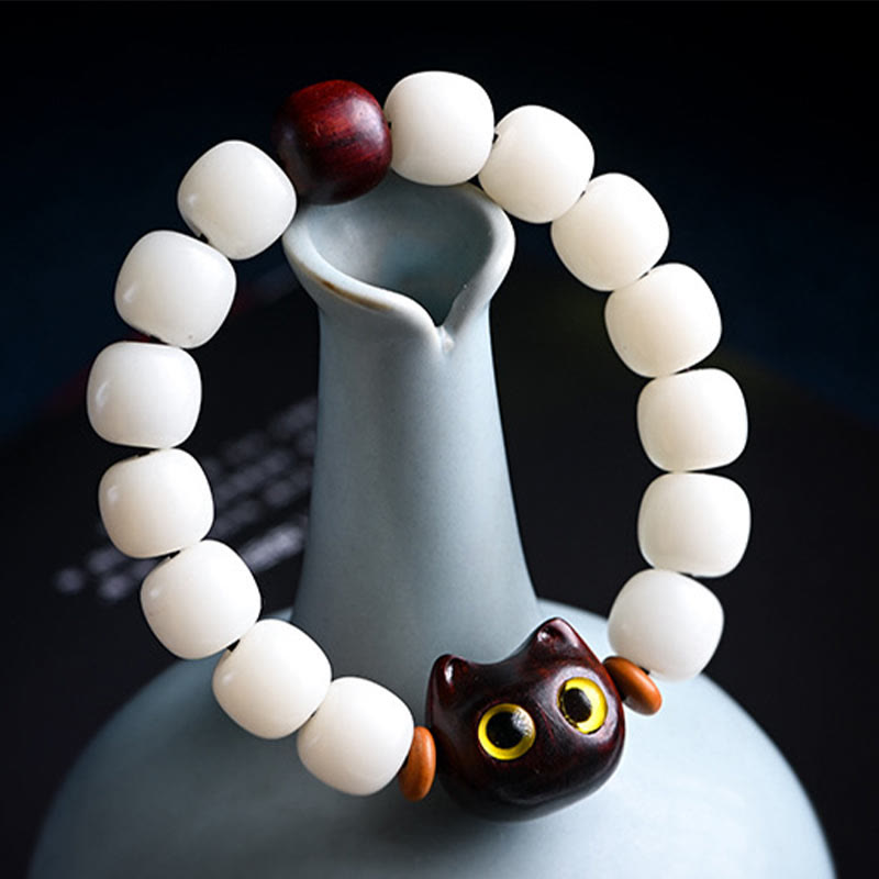 Bracelet de sagesse en Buddha Stones, graine de Bodhi naturelle, petite feuille, bois de santal rouge, bois d'ébène, joli chat porte-bonheur - image 4
