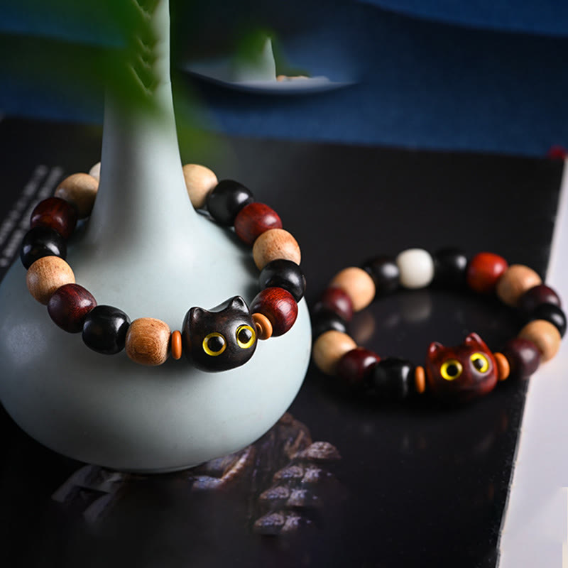 Bracelet de protection gravé en bois de santal rouge et ébène avec petites feuilles de Buddha Stones et chat mignon - image 20