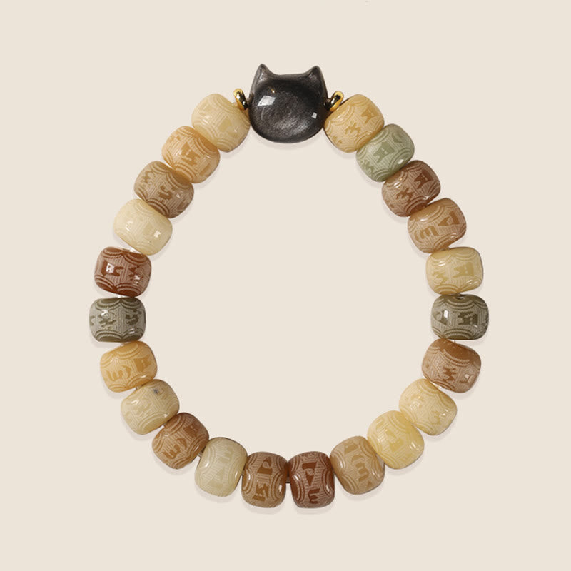 Bracelet d'harmonie gravé en obsidienne argentée Buddha Stones de Bodhi et pierres de Bouddha Tête de chat Om Mani Padme Hum - image 6