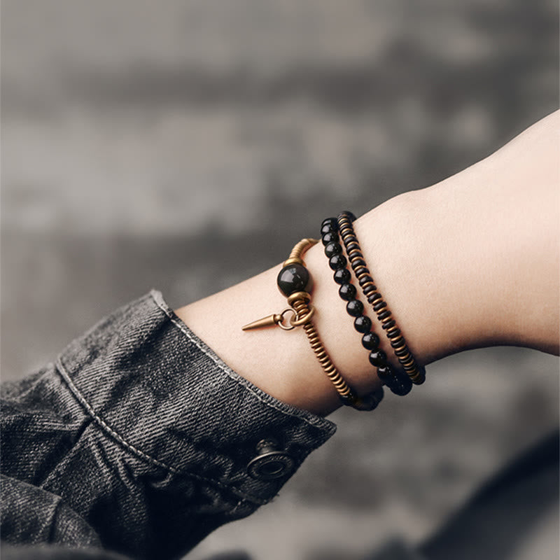 Bracelet triple tour de guérison en cuivre et bois d'ébène avec Buddha Stones arc-en-ciel et obsidienne