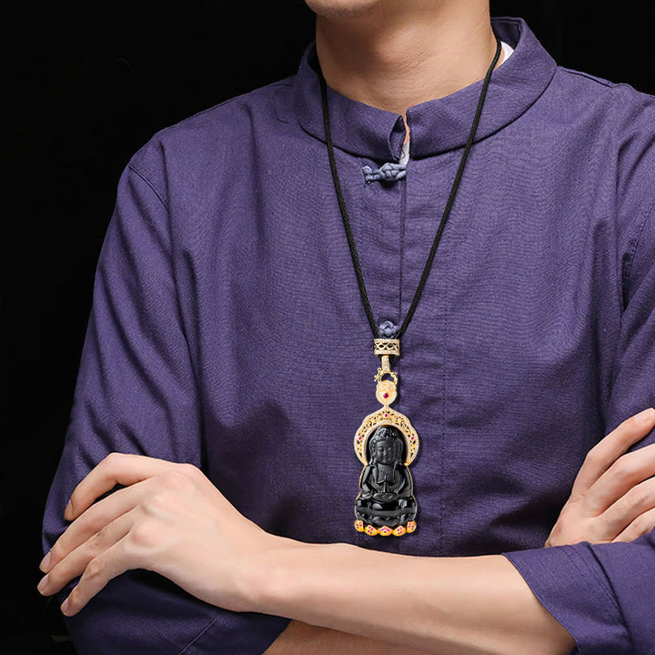 Collier pendentif en jade noir naturel Kwan Yin Avalokitesvara, symbole de richesse, avec chaîne en acier titane et Buddha Stones. - image 8