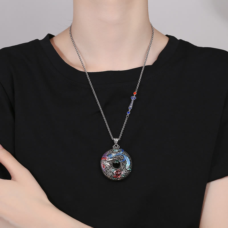 Collier avec pendentif en Buddha Stones, phénix, pivoine, protection de la chance