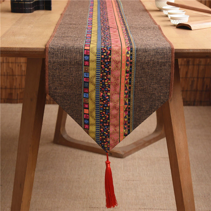 Chemin de table en coton et lin avec pompons, Buddha Stones, style chinois classique, lotus, poisson koï, fleur, grue, calligraphie, illumination - Brun rouge coloré - 30 x 180 cm - image 8
