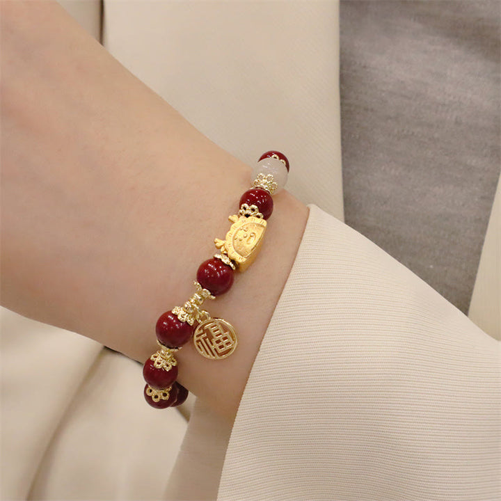 Buddha Stones Année du Dragon Agate Rouge Quartz Fraise Obsidienne Noire Jade Grenat Perle Cinabre Dumpling Dragon Luck Fu Bracelet Caractère