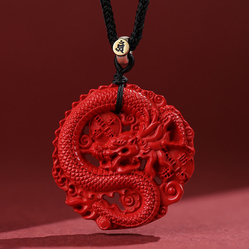 Collier pendentif porte-bonheur en argent sterling 925 avec pièce de cuivre cinabre naturel de l'année du dragon Buddha Stones