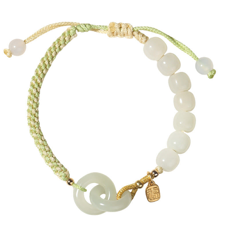 Bracelet tressé en perles de jade Hetian naturelles de Buddha Stones avec boucle de paix double et caractère Fu