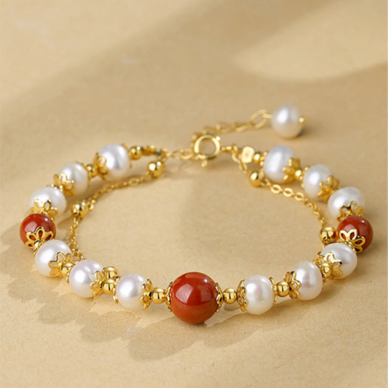 Bracelet à chaîne double couche en argent sterling 925 avec perles de sagesse et cinabre de Buddha Stones - Pearl&Cinabre - image 0