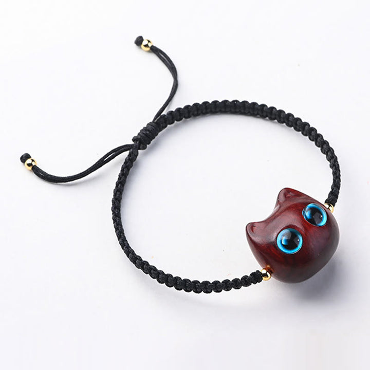 Bracelet tressé en bois de santal rouge et ébène avec petites feuilles et Buddha Stones, tête de chat mignonne, protection calme - image 4