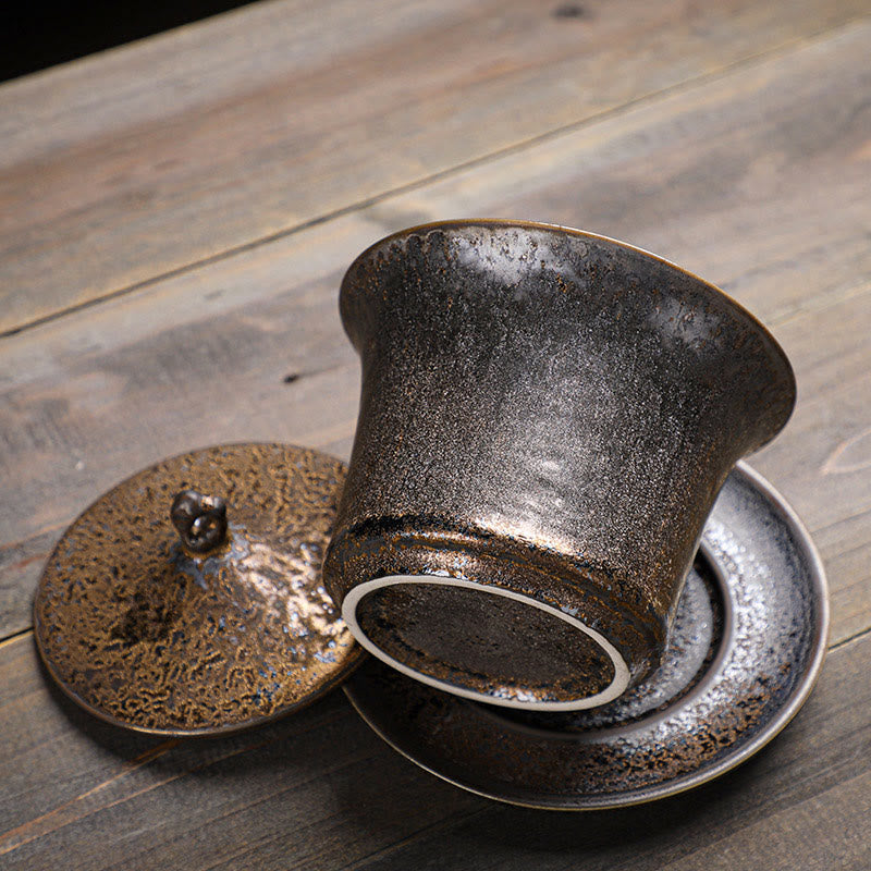 Tasse à thé et soucoupe en céramique émaillée rouille rétro Buddha Stones Gaiwan Sancai Tasse à thé Kung Fu avec couvercle