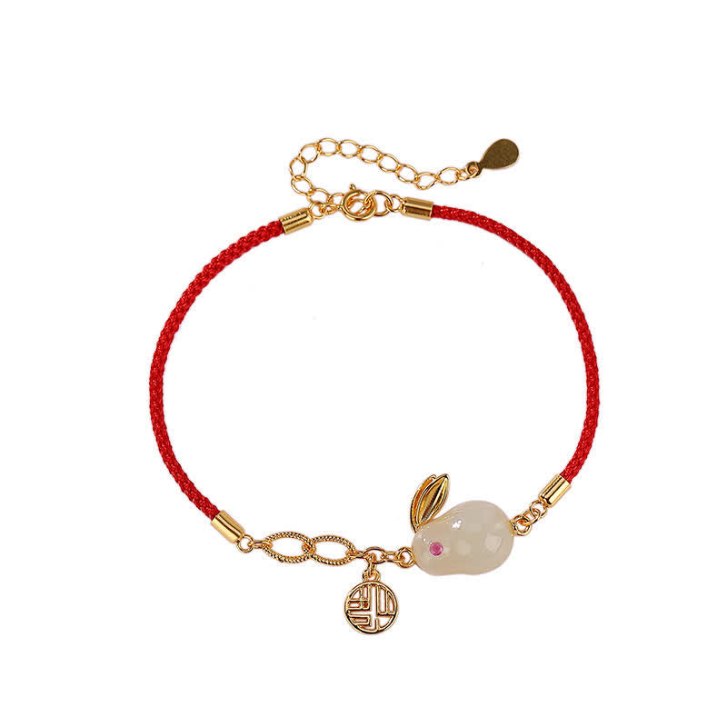 Bracelet en argent sterling 925 avec cordon rouge et jade blanc Hetian de l'année du lapin