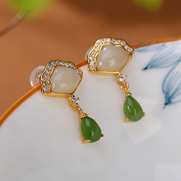 Boucles d'oreilles pendantes porte-bonheur en forme d'éventail en jade blanc et jade cyan Buddha Stones