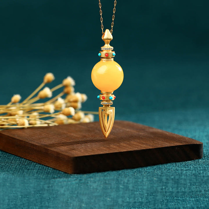Collier pendentif anxiété clair Dorje Vajra en ambre plaqué or 24 carats