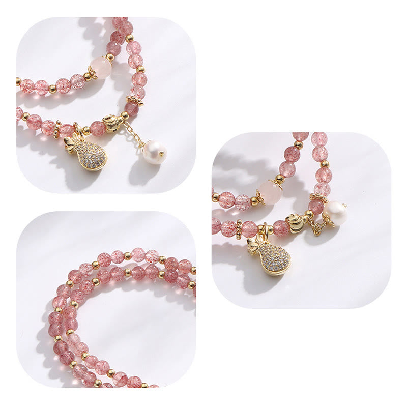 Bracelet double tour avec breloque positive et Buddha Stones en quartz fraise
