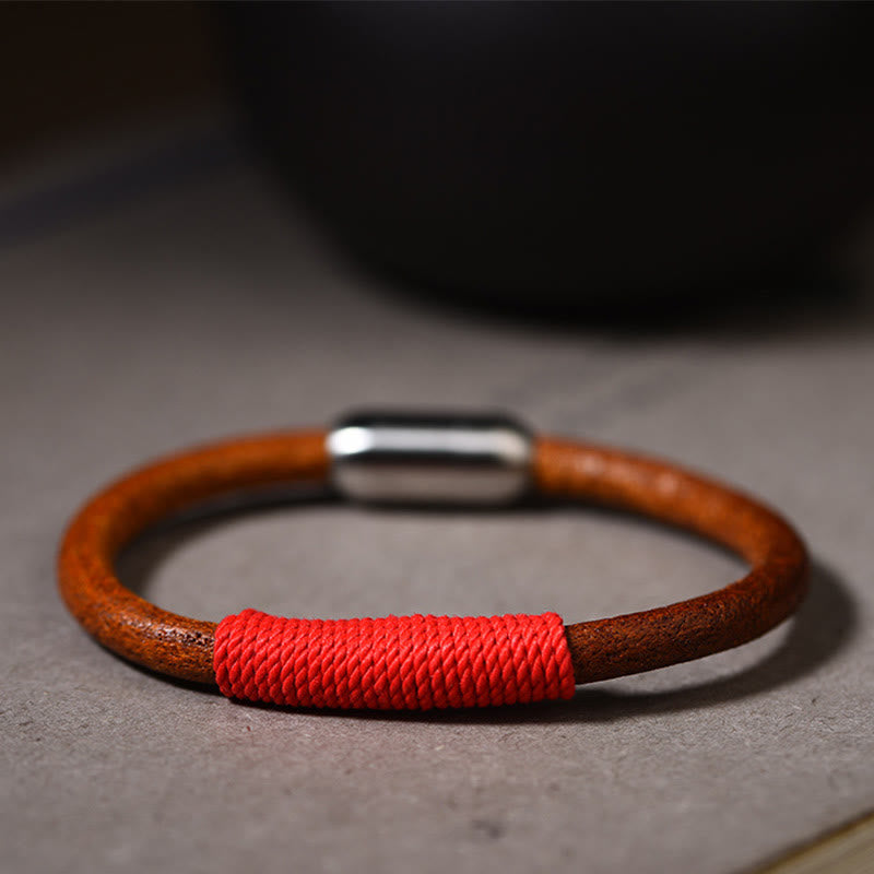 Bracelet en cuir tibétain fait main avec Buddha Stones et boucle porte-bonheur en forme de cinq éléments - Rouge (feu) - 19 cm - image 13