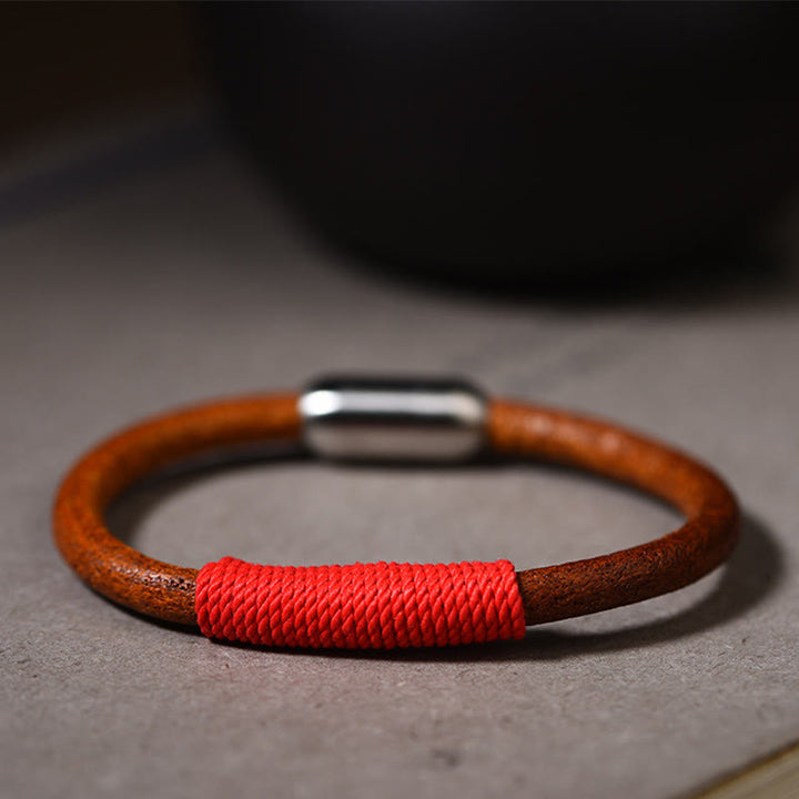 Bracelet en cuir tibétain fait main avec Buddha Stones et boucle porte-bonheur en forme de cinq éléments - Rouge (feu) - 19 cm - image 13