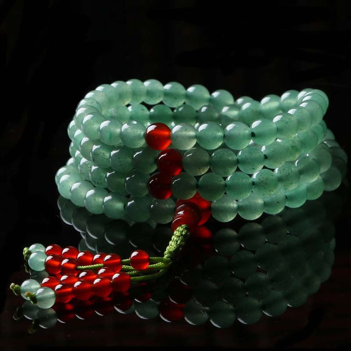 Bracelet Mala porte-bonheur en Buddha Stones, 108 perles, aventurine verte, agate rouge