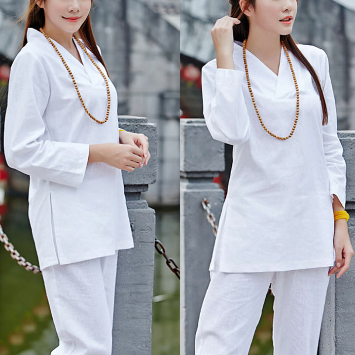 Ensemble de vêtements pour femmes en coton et lin avec Buddha Stones, pratique zen, yoga, méditation, prière, col en V - Blanc - US6, UK/AU10, EU38 (2XL) - image 16